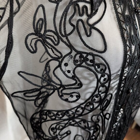 Melanie Lyne Black Sheer Embroidered Beaded Blouse Satin Collar & Cuffs Medium - Picture 8 of 13